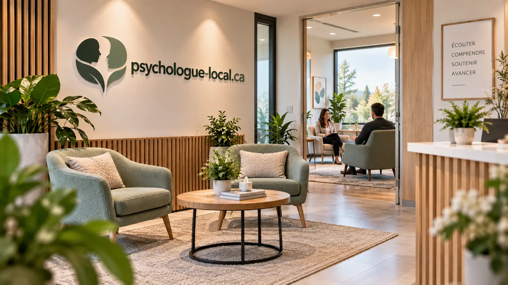 Salle d'attente chaleureuse d'une clinique de psychologie, fauteuils verts et bureau de consultation visible au fond
