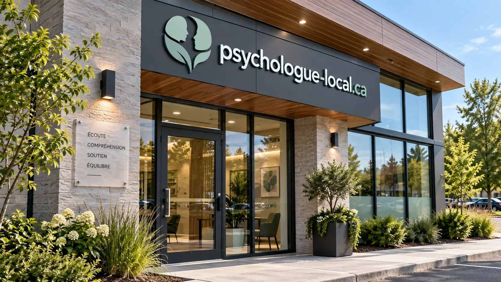 Façade d'une clinique de psychologie avec entrée vitrée et aménagement paysager