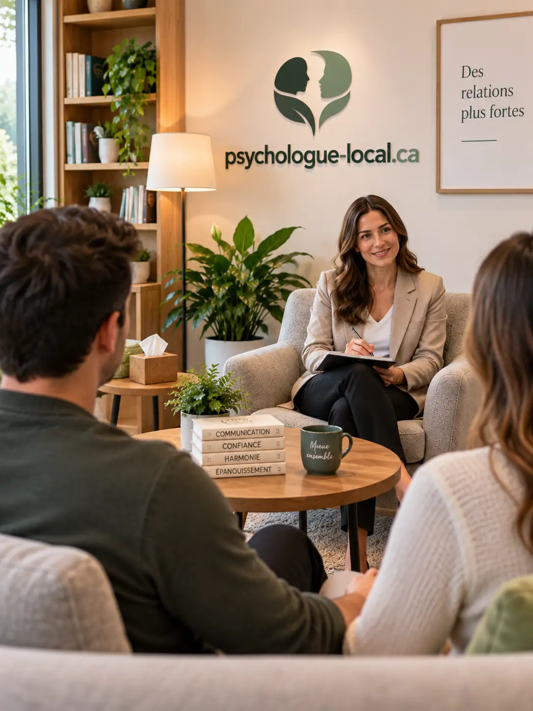 Psychologue en séance avec un couple dans un bureau lumineux