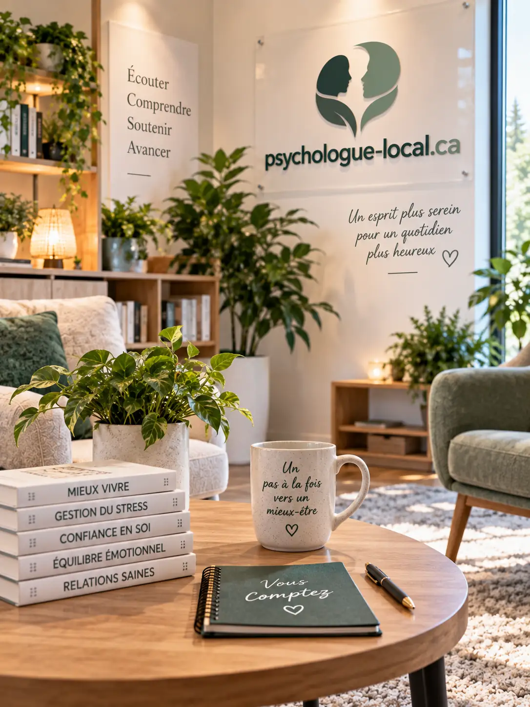 Coin de bureau de psychologie avec livres, tasse et carnet sur une table de bois